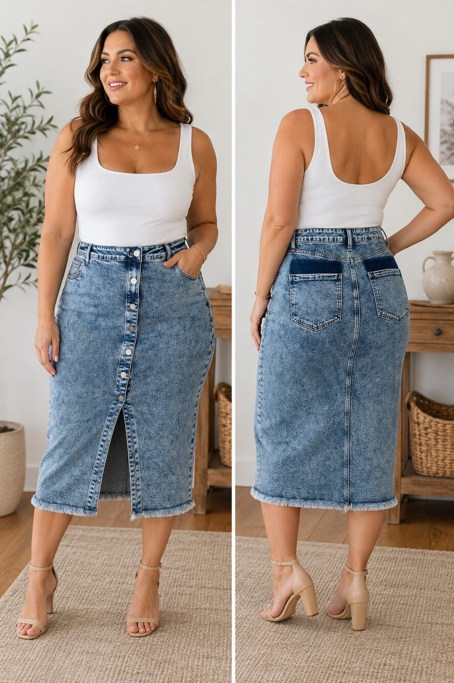Blakeley Denim Midi Skirt 1X Acid Wash Button Front Slit Raw Hem Stretch